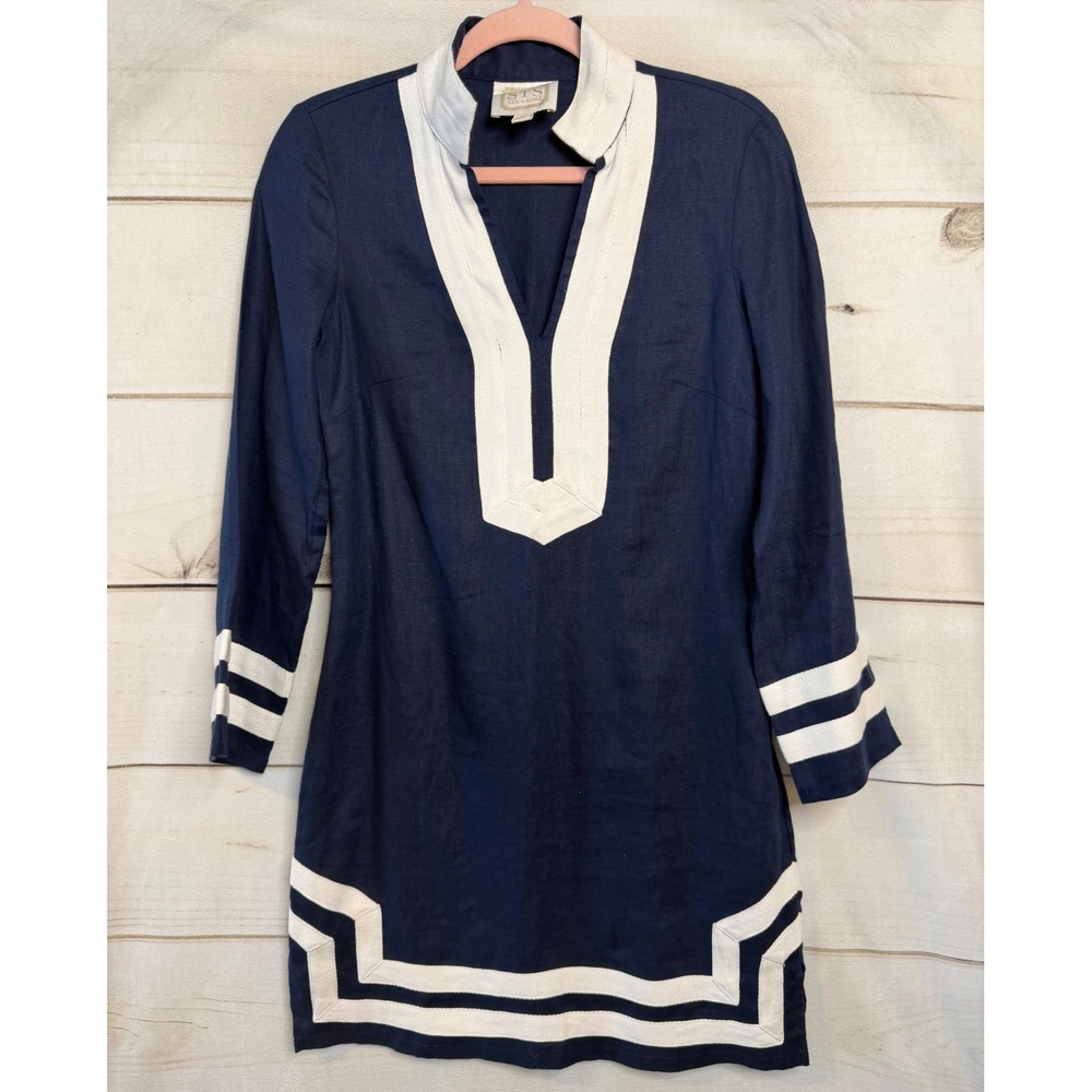 Sail to Sable Navy Blue Linen Tunic Dress White Trim Nautical XS RN 142602